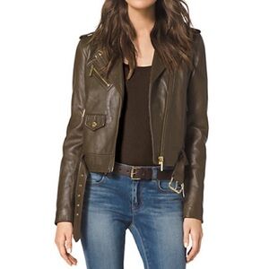 MICHAEL Michael Kors dark olive brown lamb leather moto jacket size S. EUC.